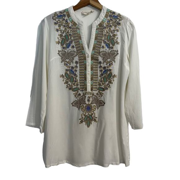 Luna Moon Women's Embroidered Long Tab Sleeve Button Surpice Neck Tunic Top SZ S - Picture 1 of 11